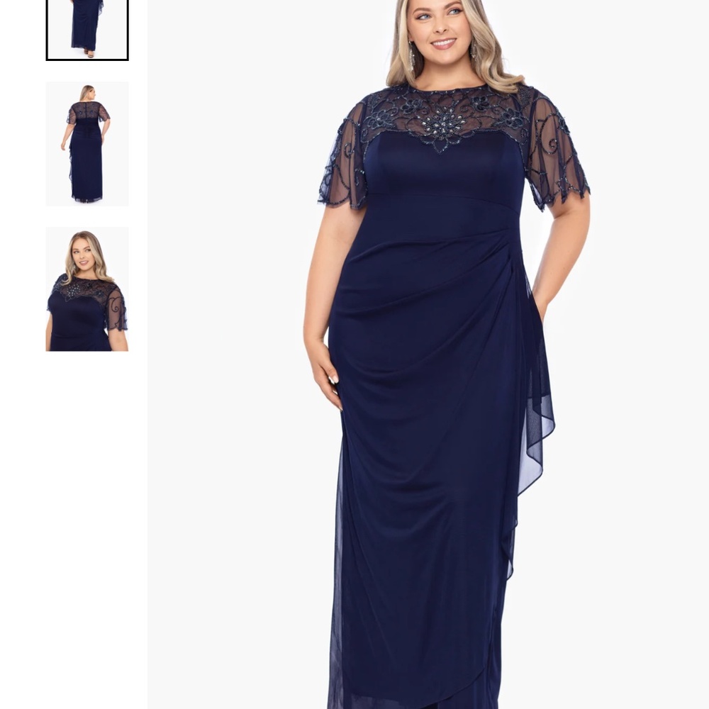 Xscape “dahlia” long formal navy, beaded,sheer flutter sleeve, draped, ruched